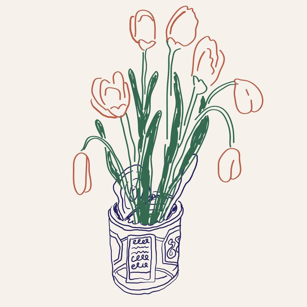 tulip in can in hand drawn style vector
