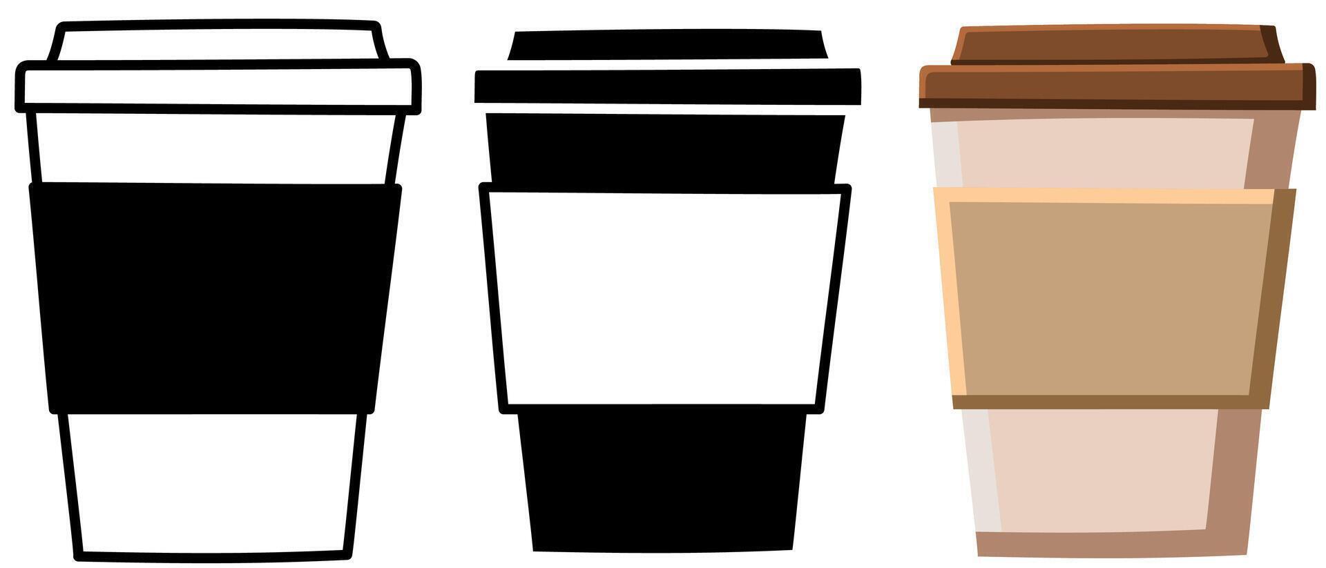 Cartoon Coffee Cup Design in Colour and Black and White, Take away or take out drinks cup vector