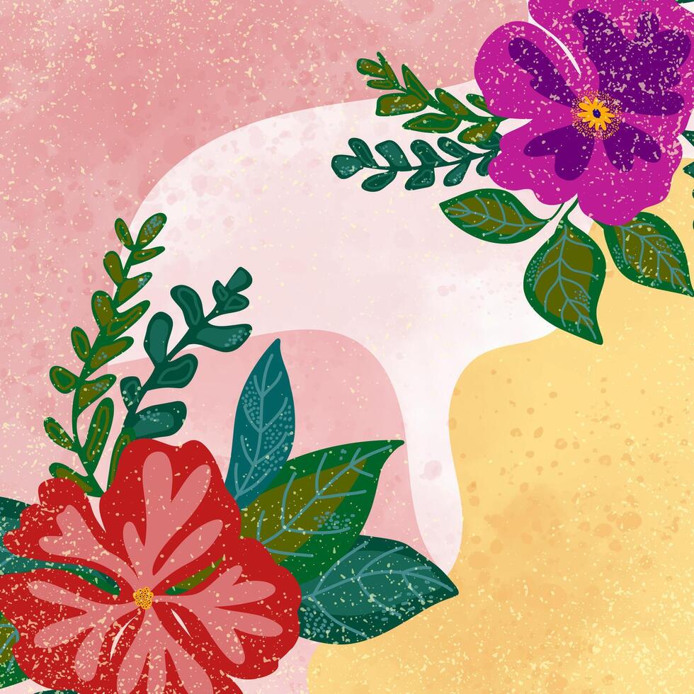 a pink and yellow background with flowers and leaves vector