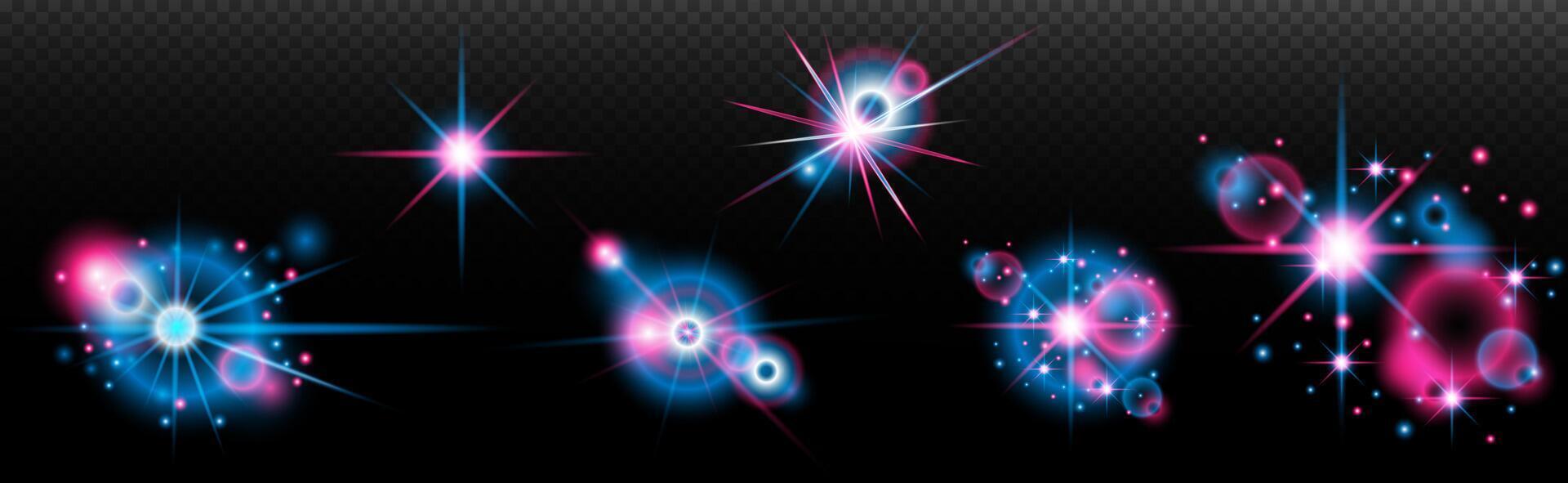 set of glowing blue and pink. stars on black background vector