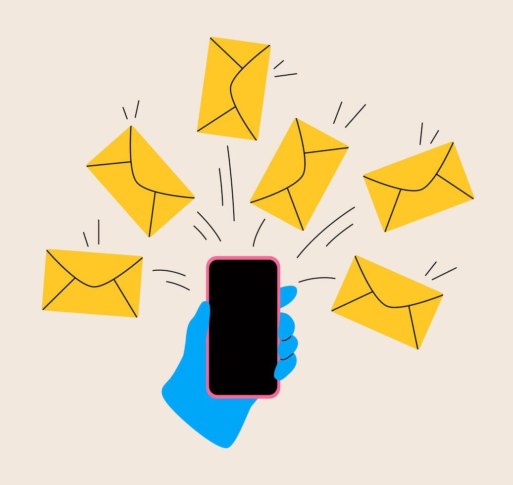 Mobile phone sends a lot of envelope letters symbol for email marketing. Colorful illustration vector