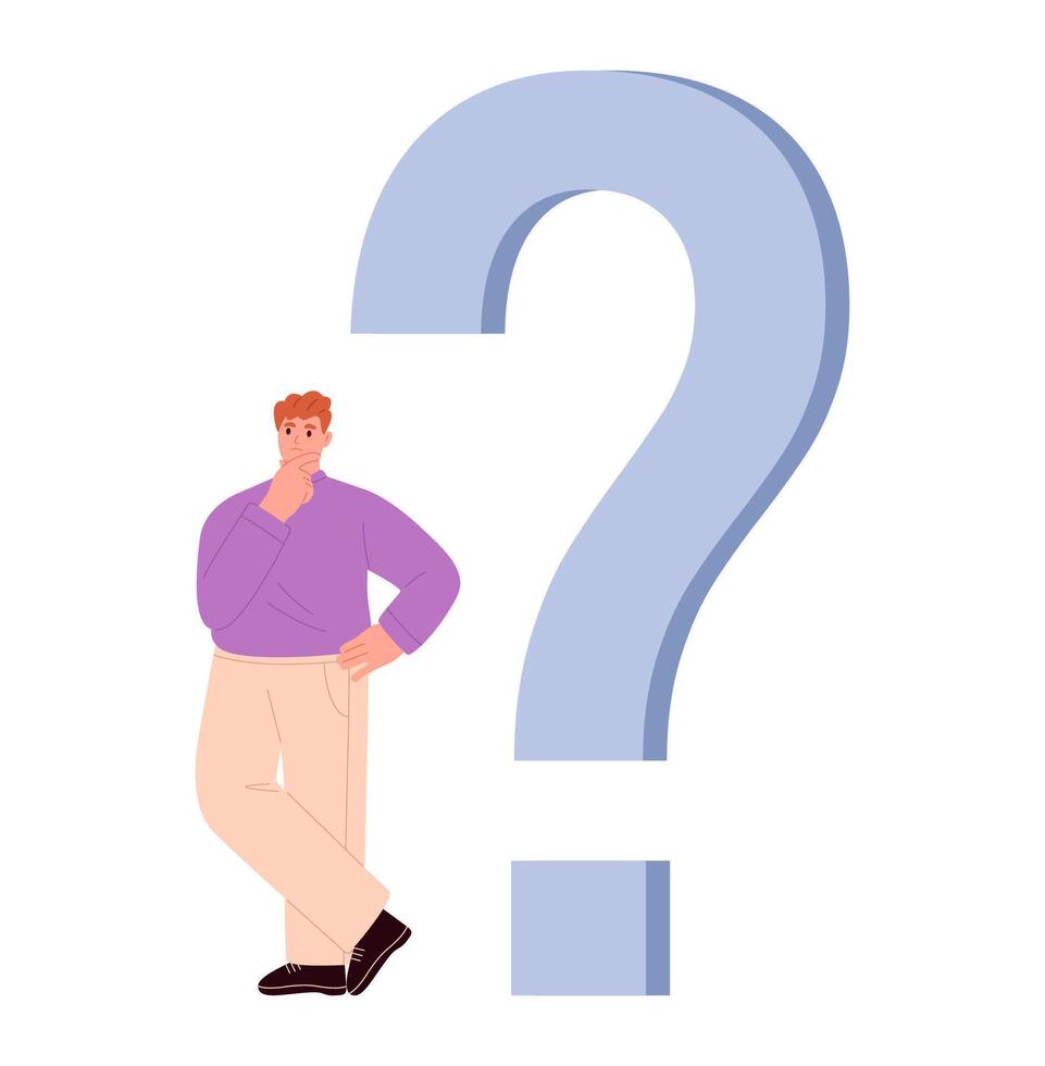 Confused man stands at big question mark. Flat illustration isolated on white background vector