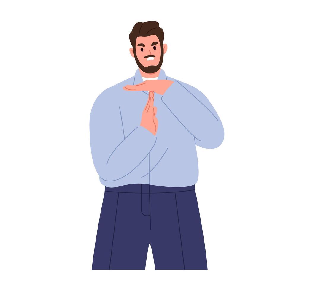 Man upset showing a timeout gesture, needs stop, asks time for rest after hard work. Flat illustration isolated on white background vector