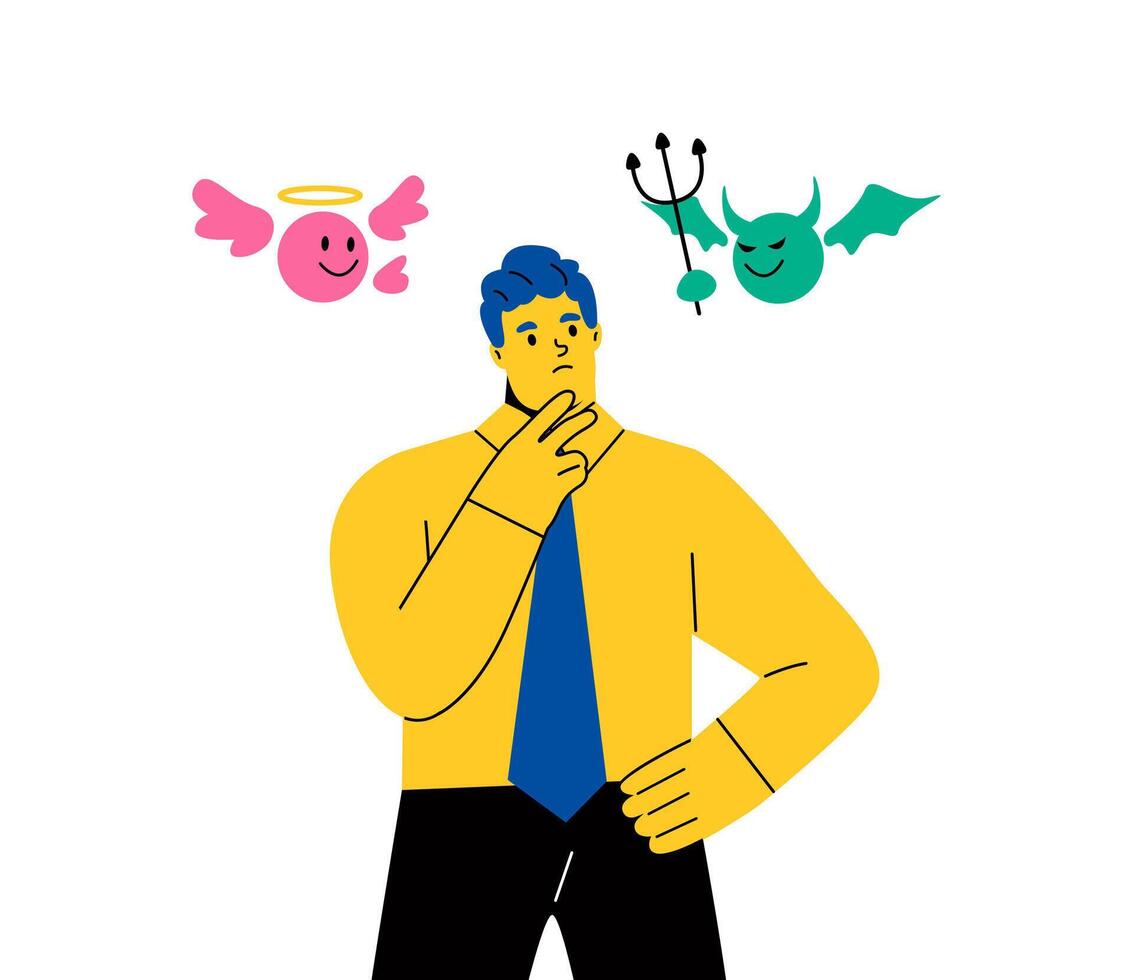 Business man confused to choose between good angels and bad demons. Flat illustration isolated on white background vector