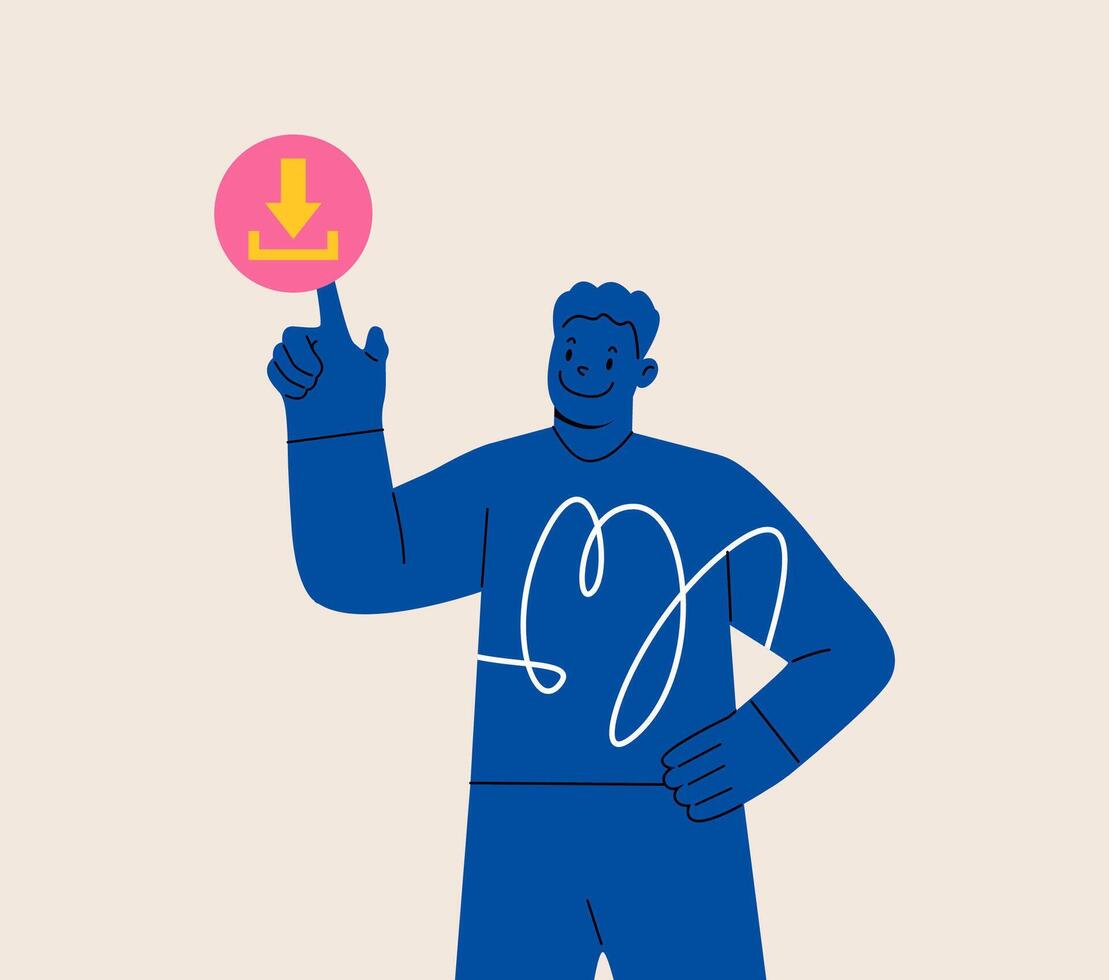Man presses download button on screen. Colorful illustration vector
