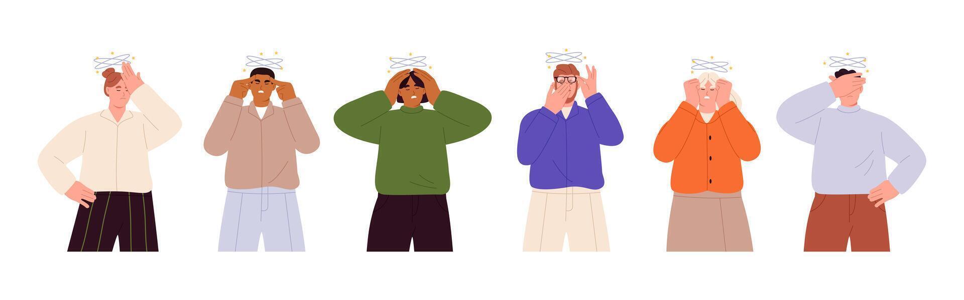 Set of sad man and woman having dizzy symptoms. Dizziness concept. Flat illustration isolated on white background vector