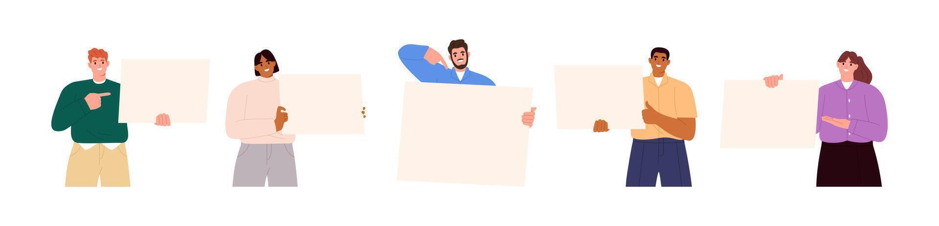 People holding blank advertising banners set. Flat illustration isolated on white background vector
