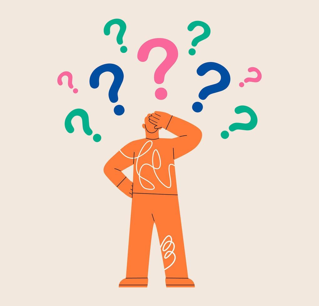 Man looking at the question marks. Colorful illustration vector