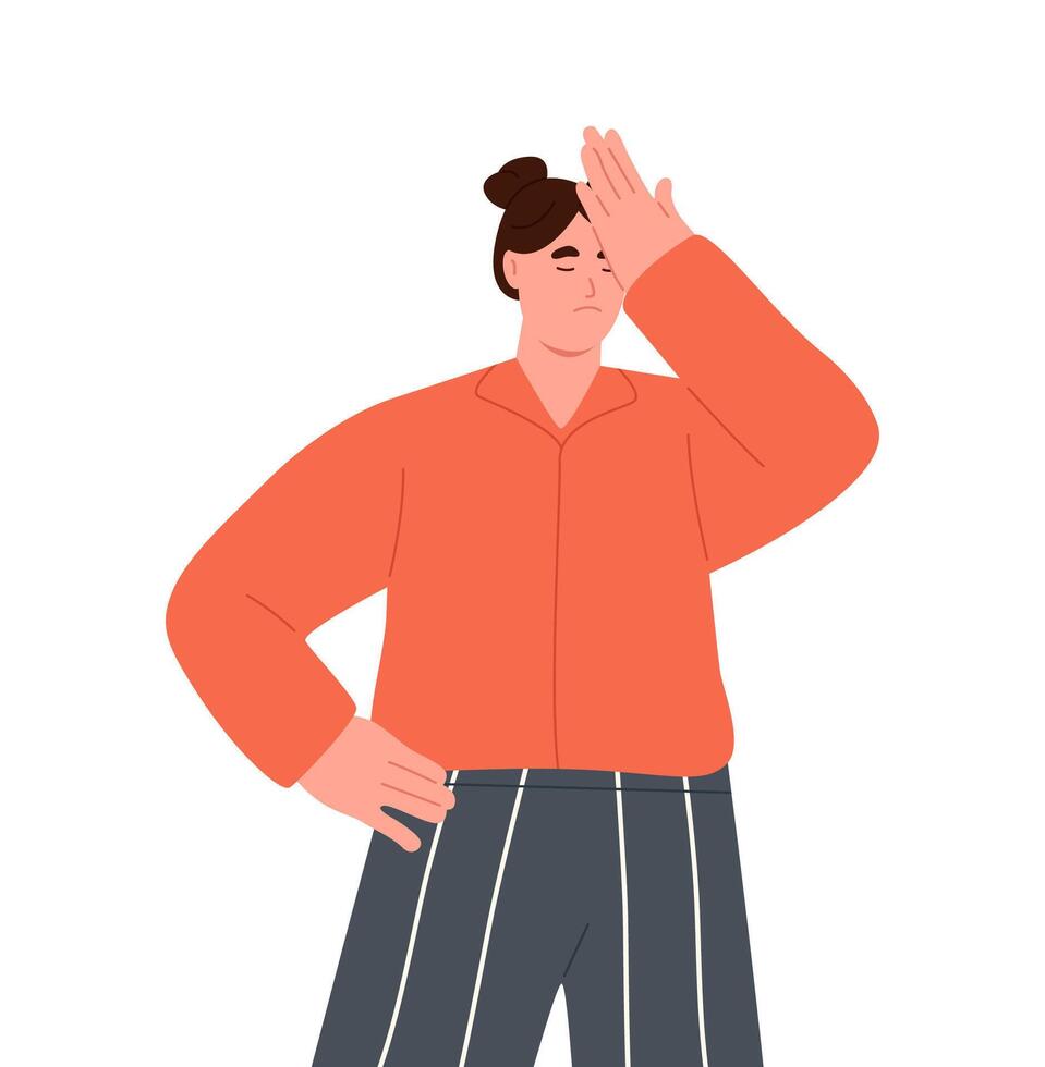 Depressed woman holding her forehead feeling anxious, worried and disappointed about problems at work. Flat illustration isolated on white background vector
