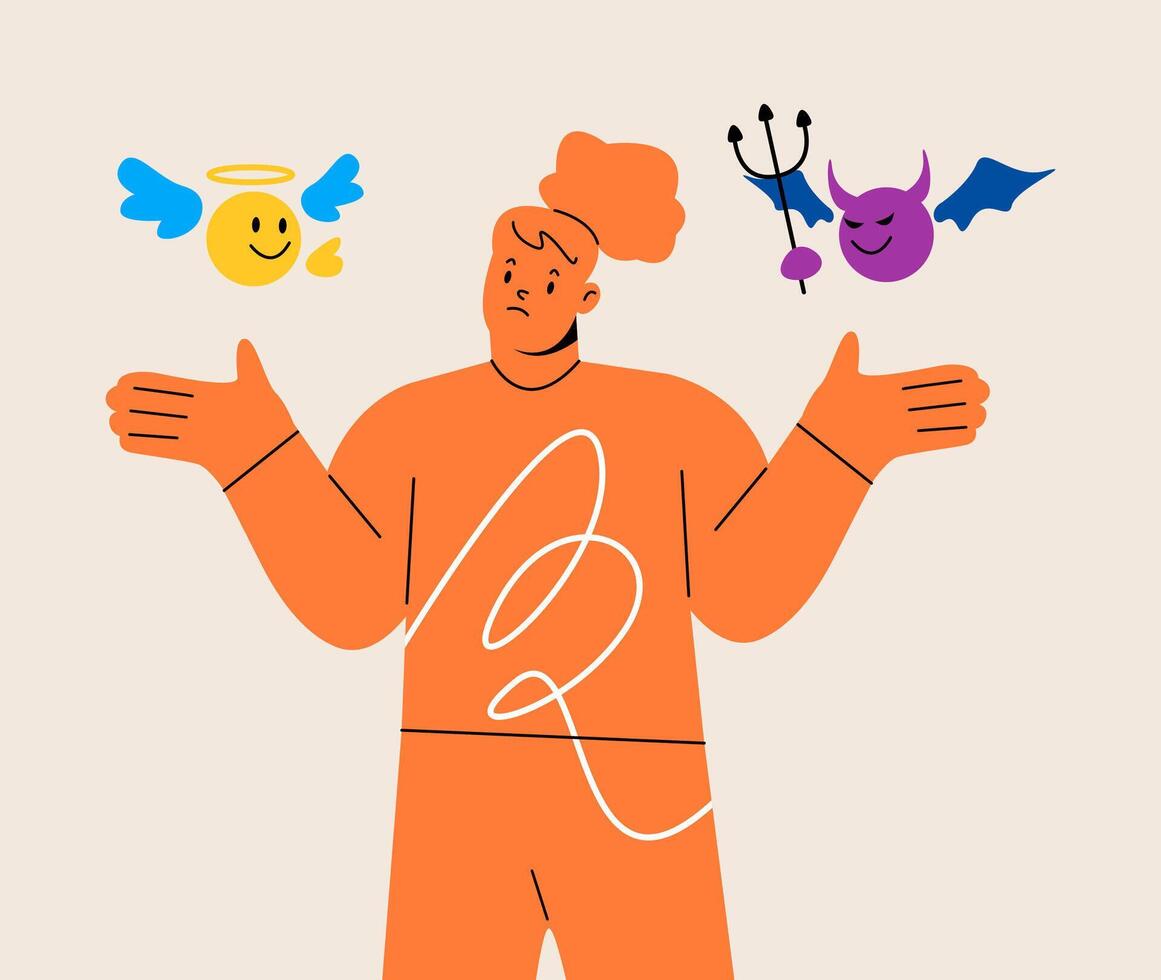 Woman confused to choose between good angels and bad demons. Colorful illustration vector