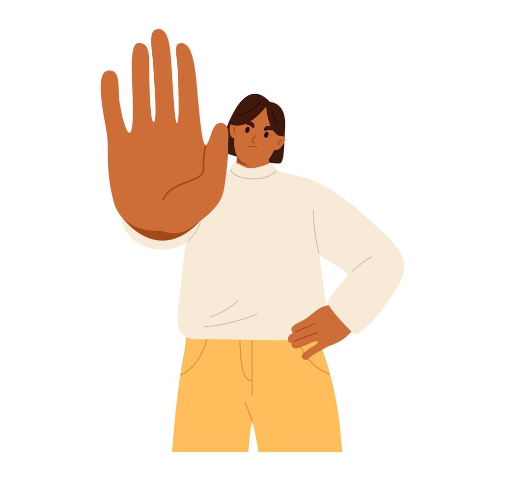 Woman showing palm as stop sign. Flat illustration isolated on white background vector