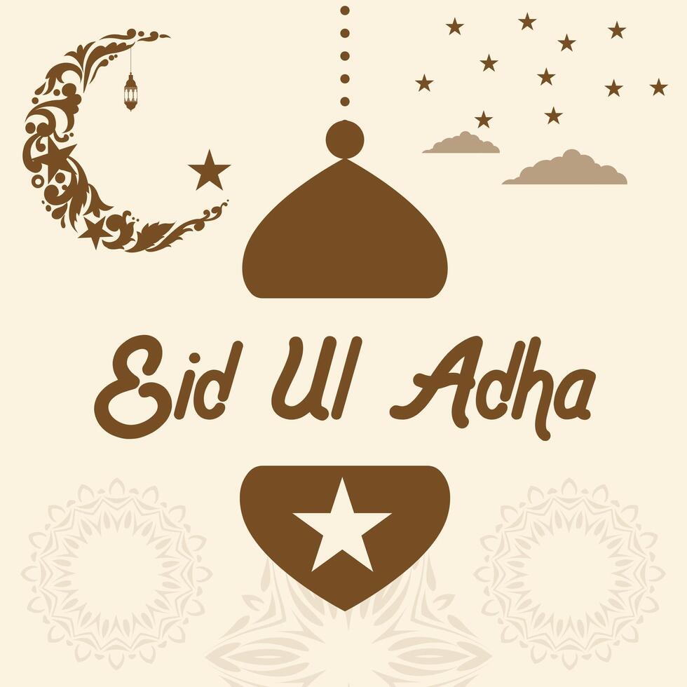 Eid Al Adha mubarak greeting card with cute moon lantern and stars vector