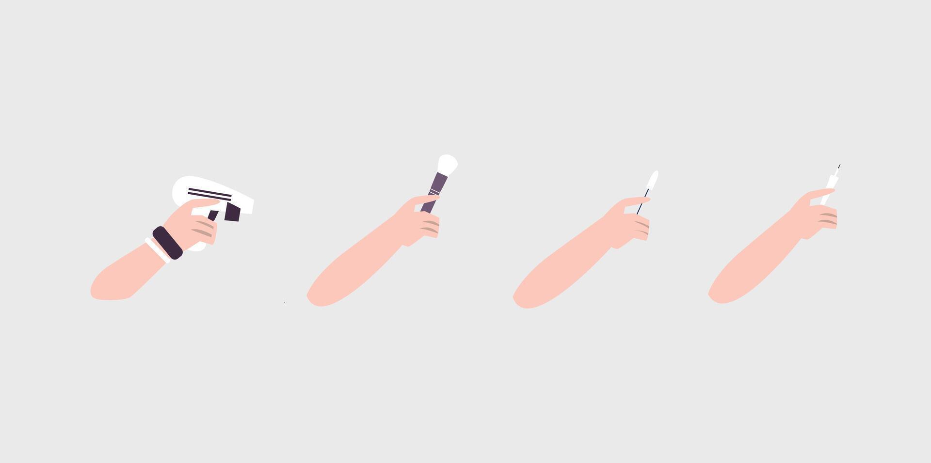 Set of brushes for make up. Flat illustration of makeup artist hand holding collection of cosmetic accessory for woman face painting. Brush for eyeshadow, brows, blush vector