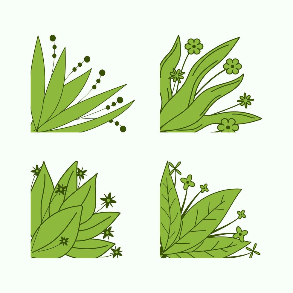 Four Botanical Corner Designs with Green Leaves and Flowers vector