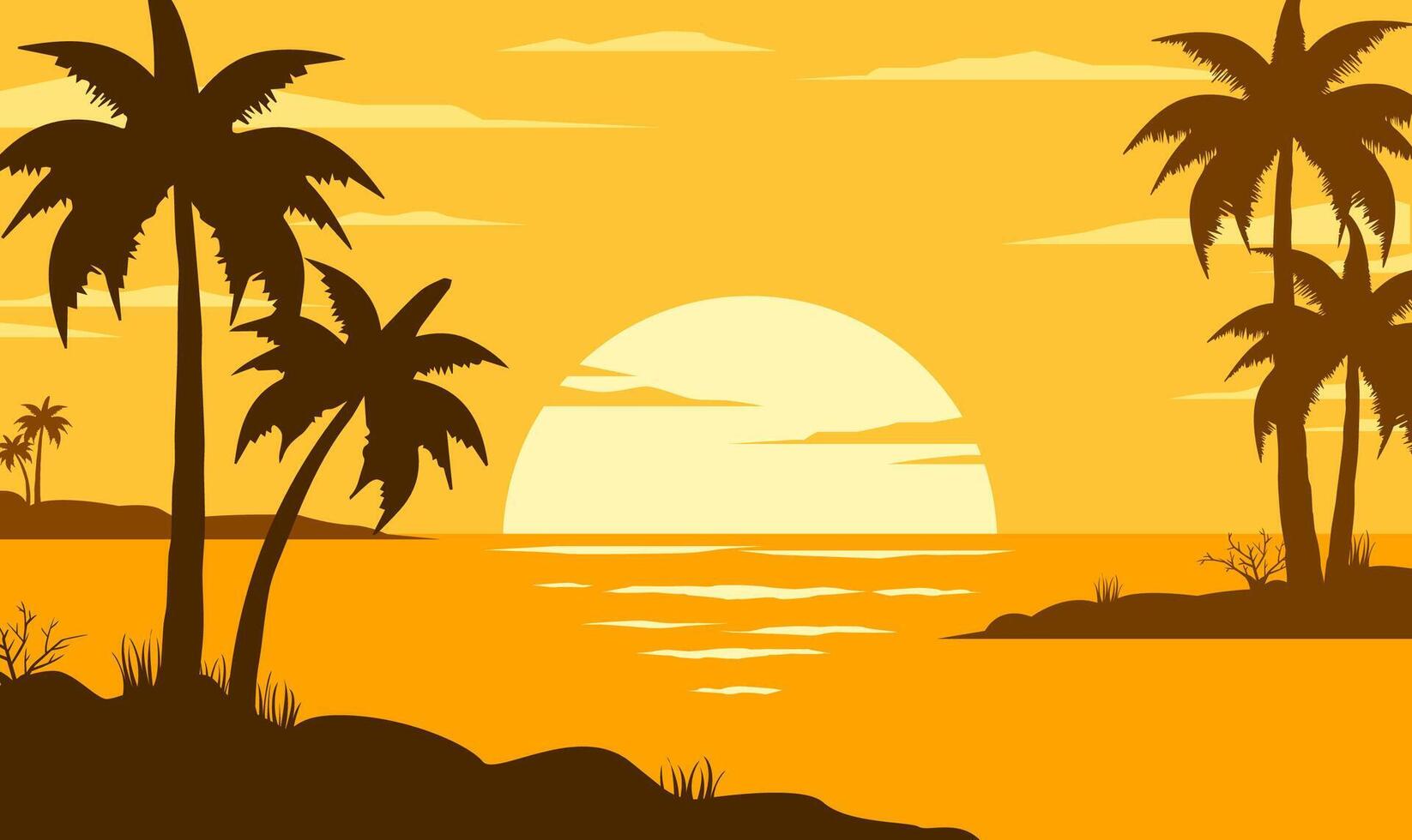 Warm Sunset Beach Scene with Island Silhouette and Palms vector