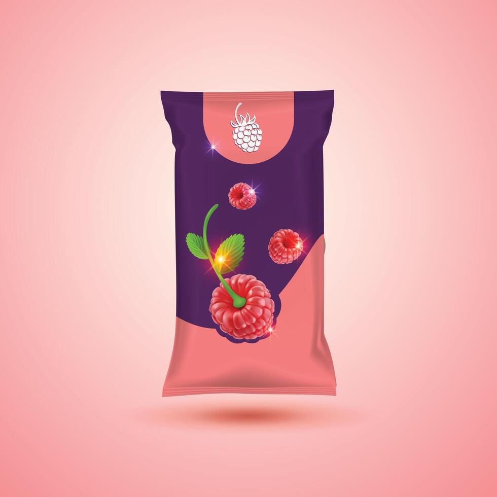 Raspberry product packaging with realistic fruits and leaves vector