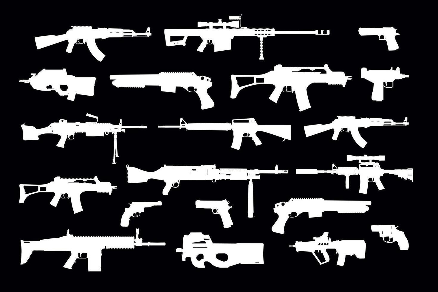 Various military weapon silhouettes including rifles and handguns vector