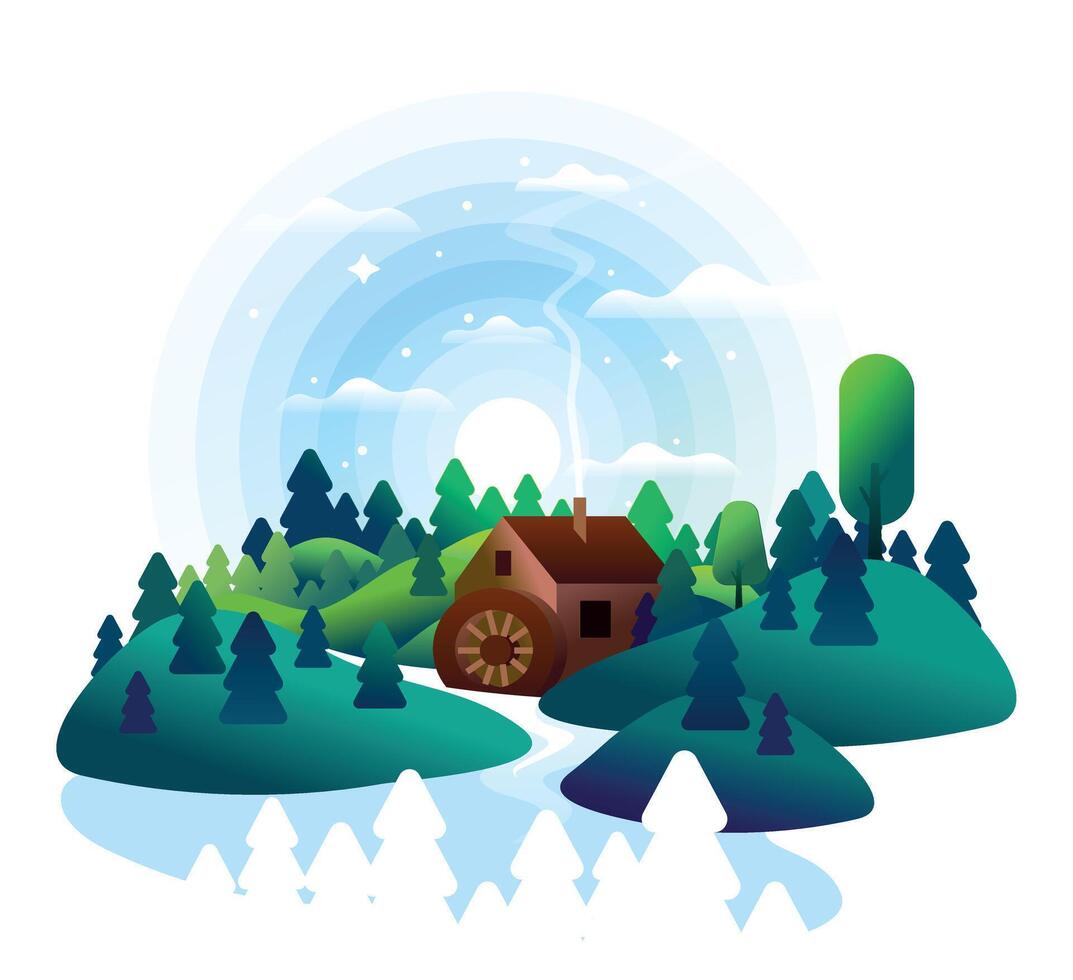 Fantasy landscape with cottage, trees, and glowing lights vector