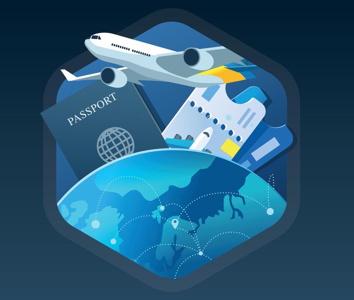 Airplane with passport and tickets symbolizing international travel vector