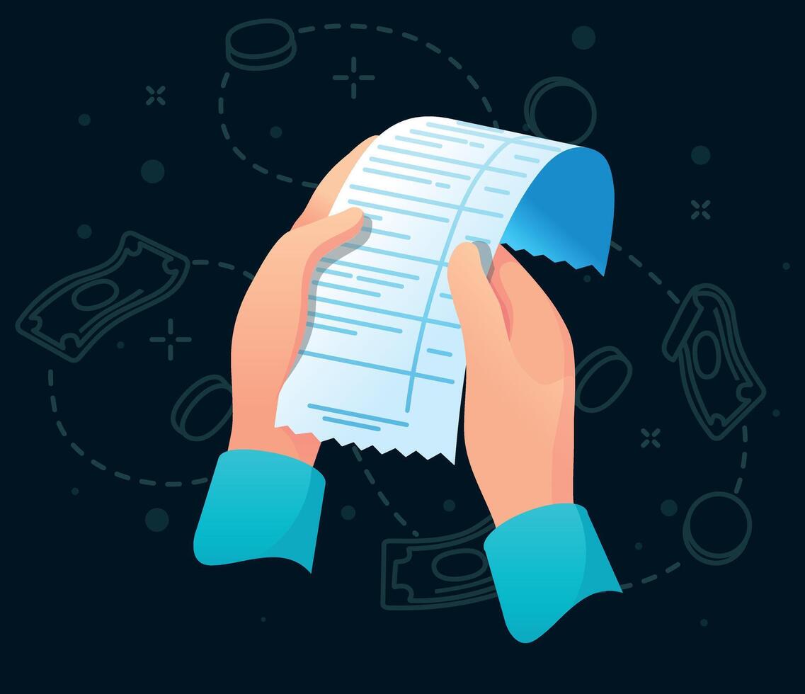 Hands holding a long bill with expenses overview vector