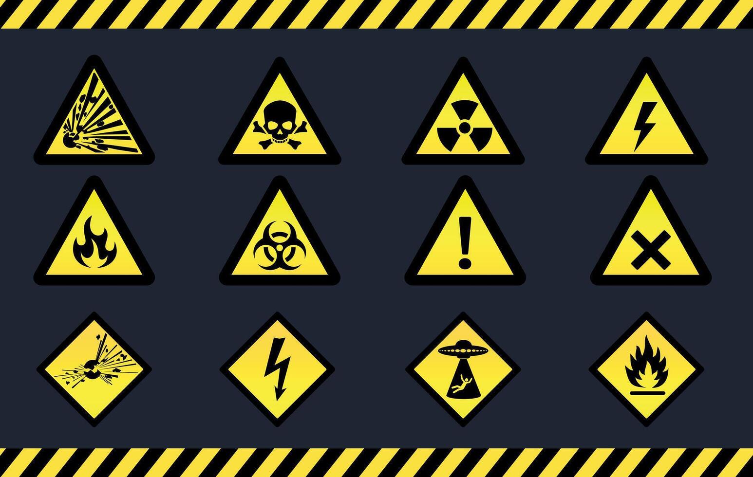 Warning signs with yellow and black hazard symbols vector