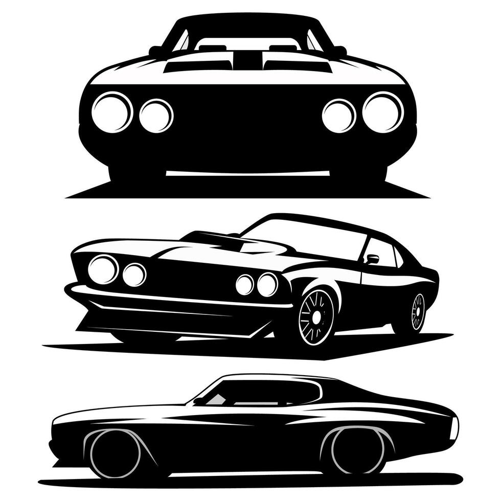 classic cars front view and side view black and white illustration design art vector