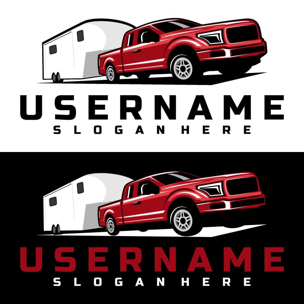 red pickup truck and trailer caravan illustration logo design art vector