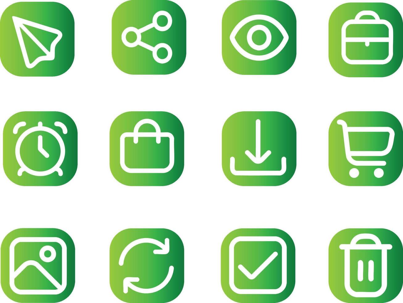 The illustration shows a set of 12 minimalistic green application icons on a white background. vector