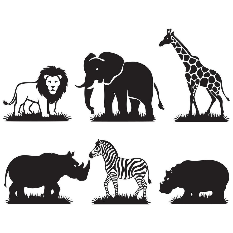 A striking set of African wildlife silhouettes, showcasing elephants, giraffes, zebras, and rhinos in bold black outlines. vector