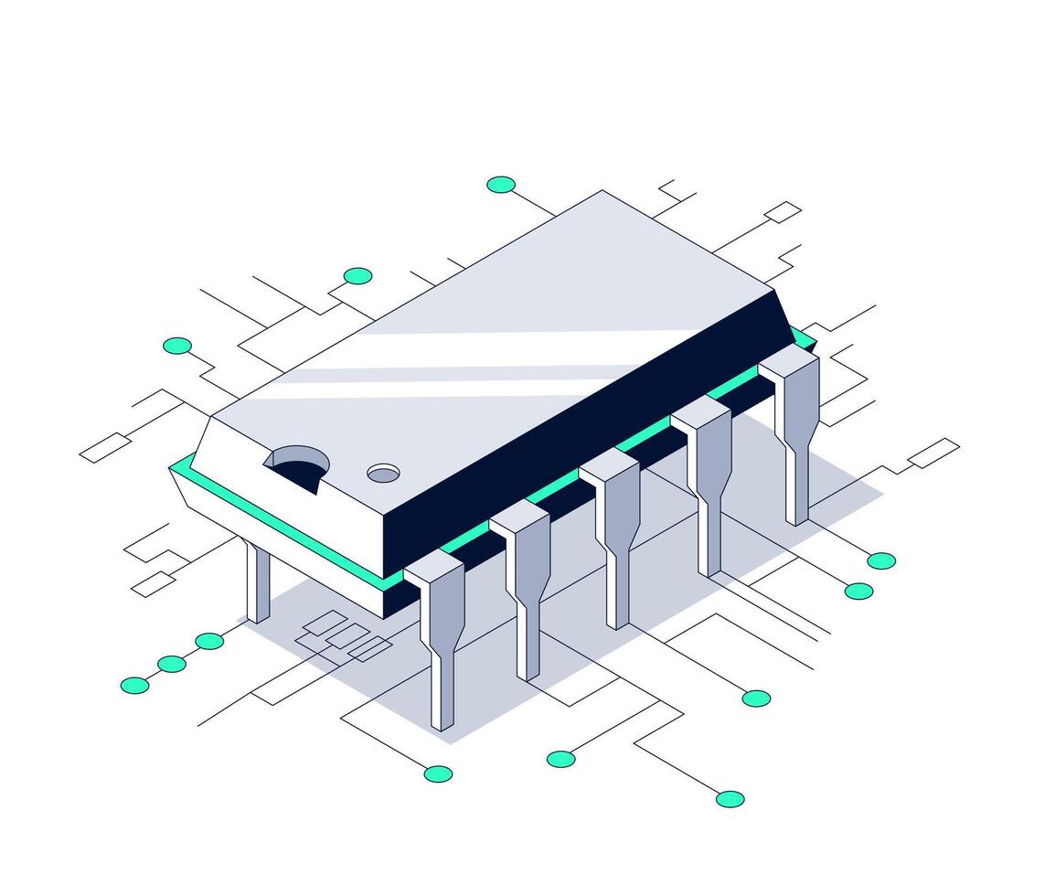 Minimalistic Isometric Microchip Illustration DIP Electronic Component vector