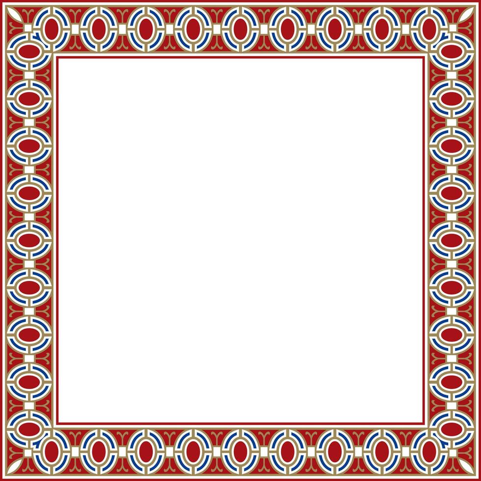 square european colored ornament. Rectangular pattern, circle, ring of the Middle Ages. Revival border. Decoration of palaces and churches. vector