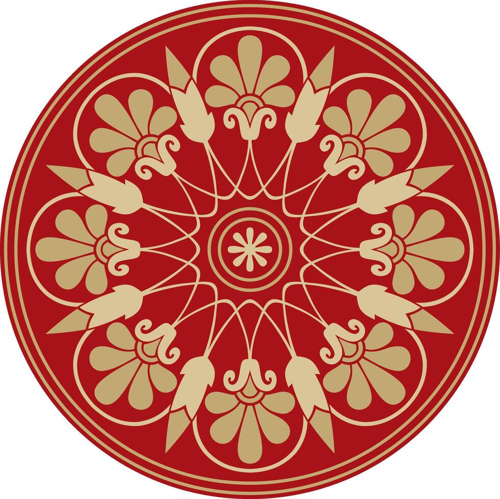 gold with red classic Greek round ornament. Circle of Ancient Greece and the Roman Empire. Byzantine painting of walls, floors and ceilings. Decoration European palaces. vector