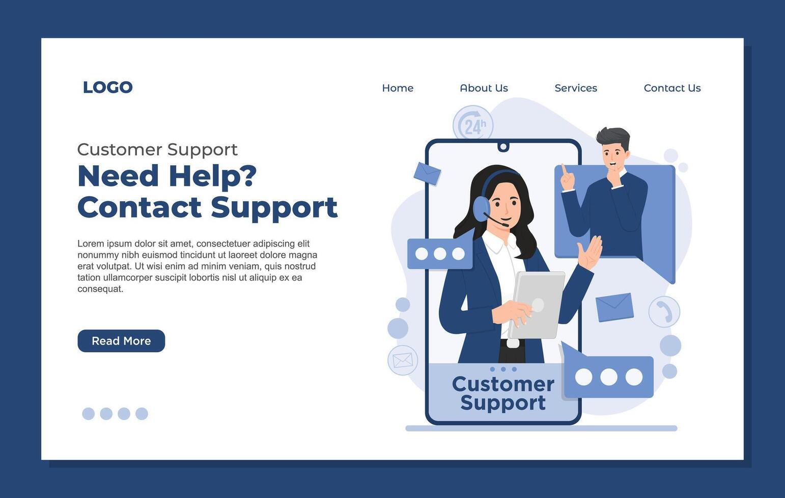 Flat landing page design template of customer support service. Online help desk. vector