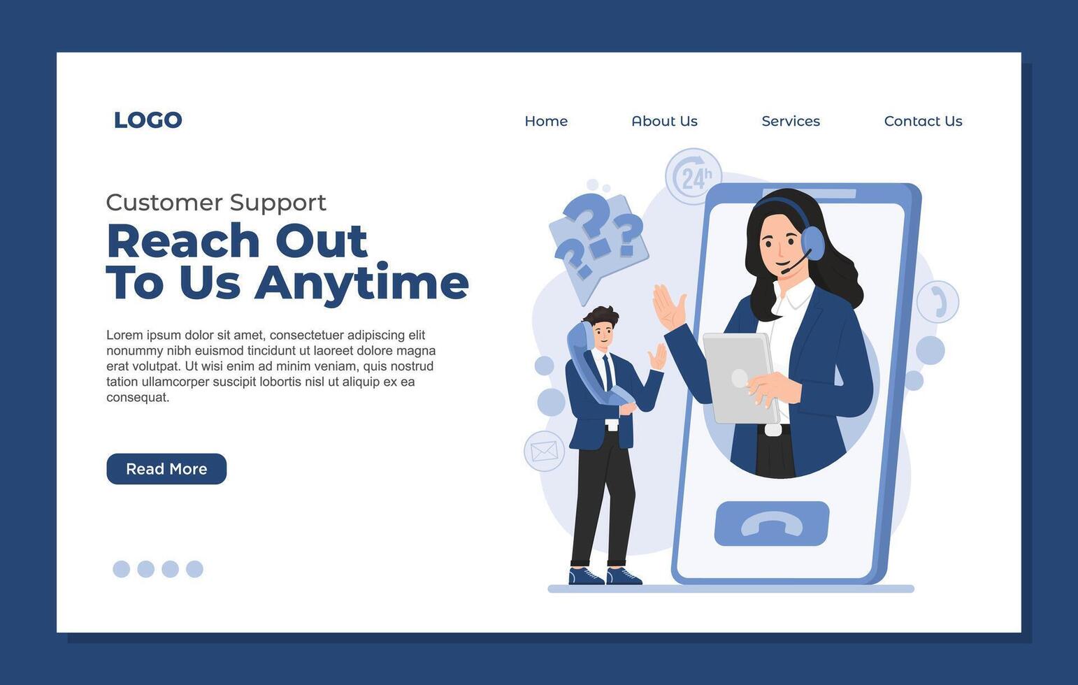 Flat design landing page template for call center and customer service. illustration vector