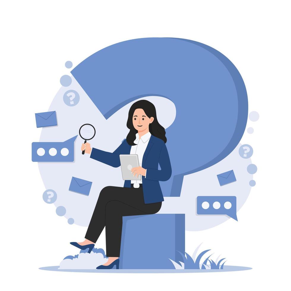 Businesswoman sitting on cube with question mark. Frequently asked questions. FAQ, vector