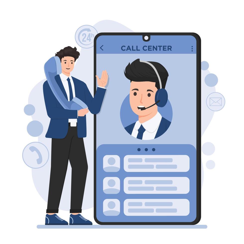 Call center concept. Man in headset and mobile phone. illustration vector
