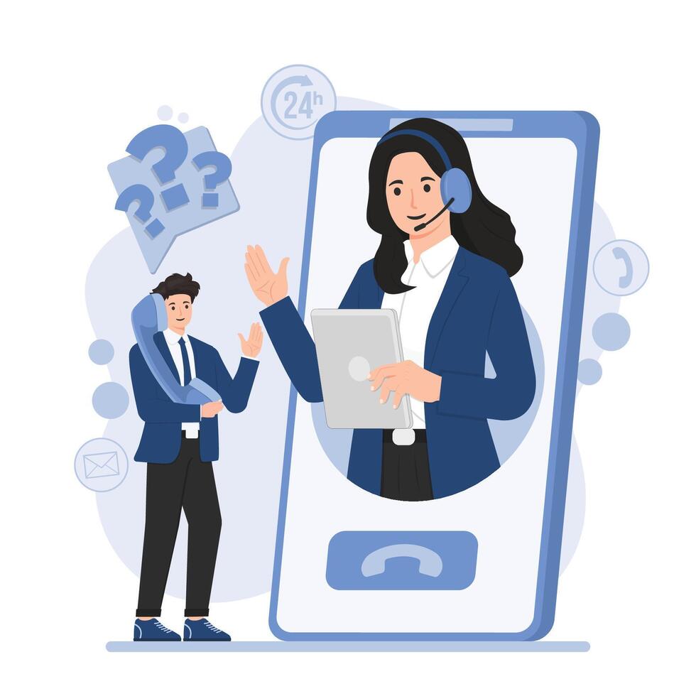 Call center concept. illustration in flat style. Man and woman with phone headset. vector