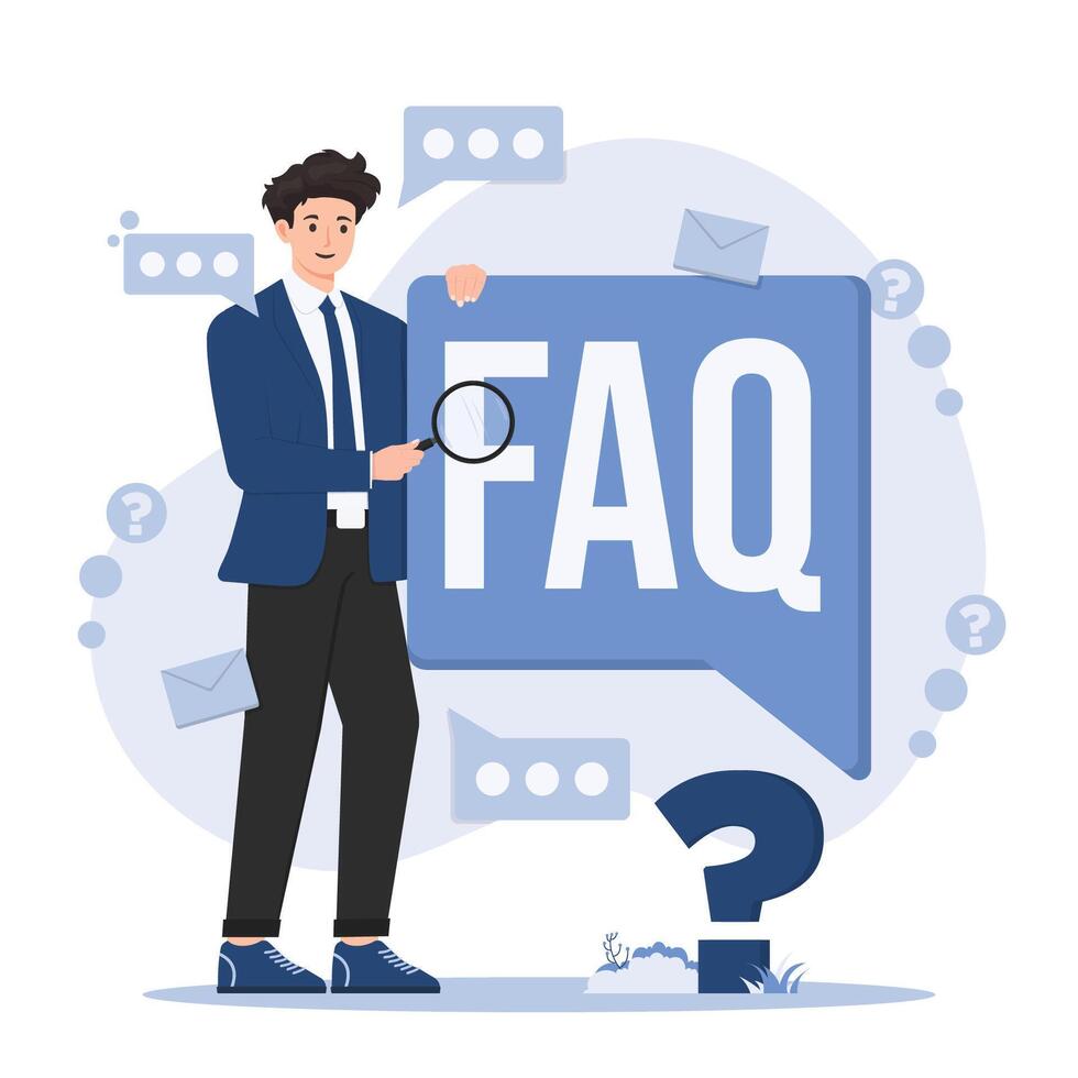 Flat design illustration concept of faq. Man with magnifying glass Frequently asked questions. FAQ, vector