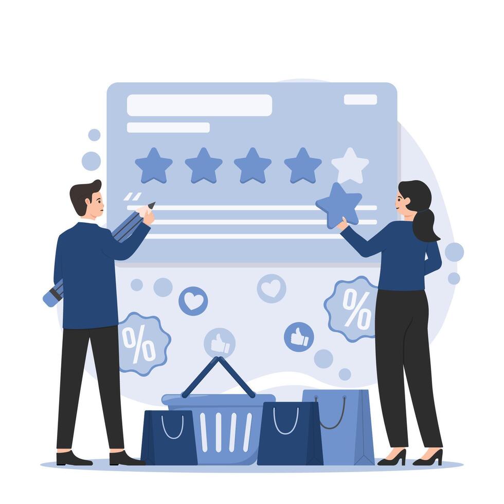 Customer reviews concept. Man and woman give five stars to each other. illustration in flat style vector