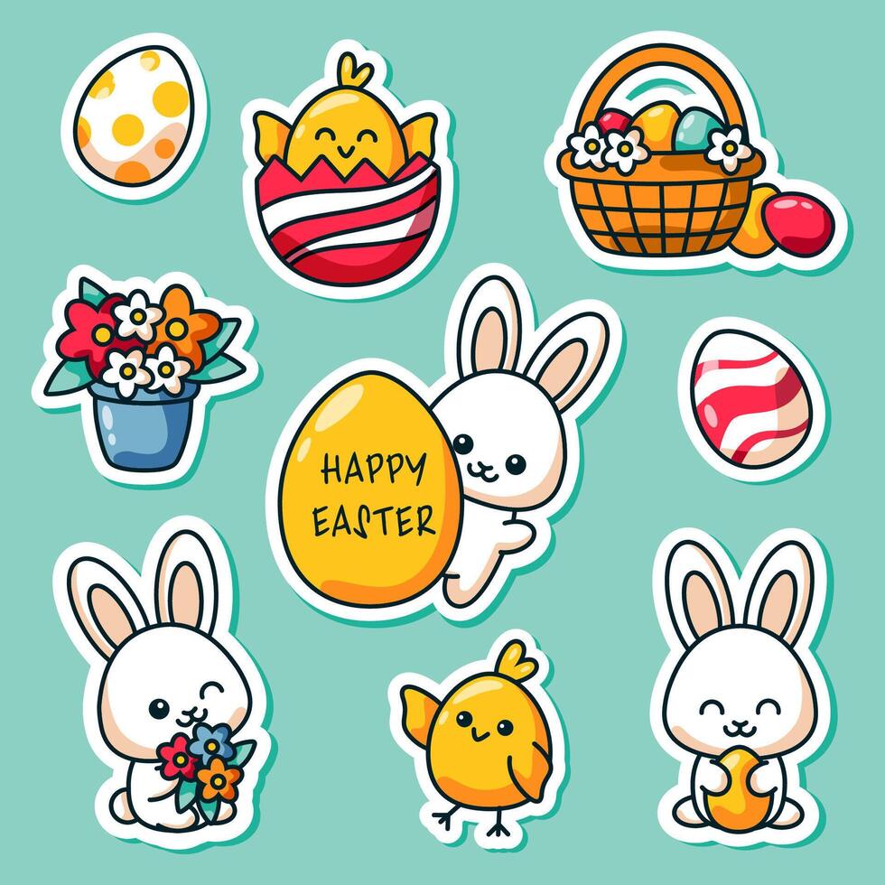 Set of Easter stickers. Rabbits, eggs, flowers vector
