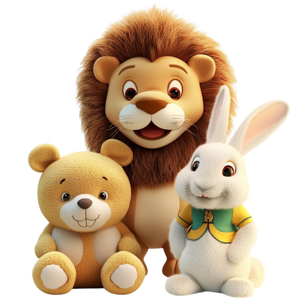Cute stuffed animals including a lion bunny teddy bear png