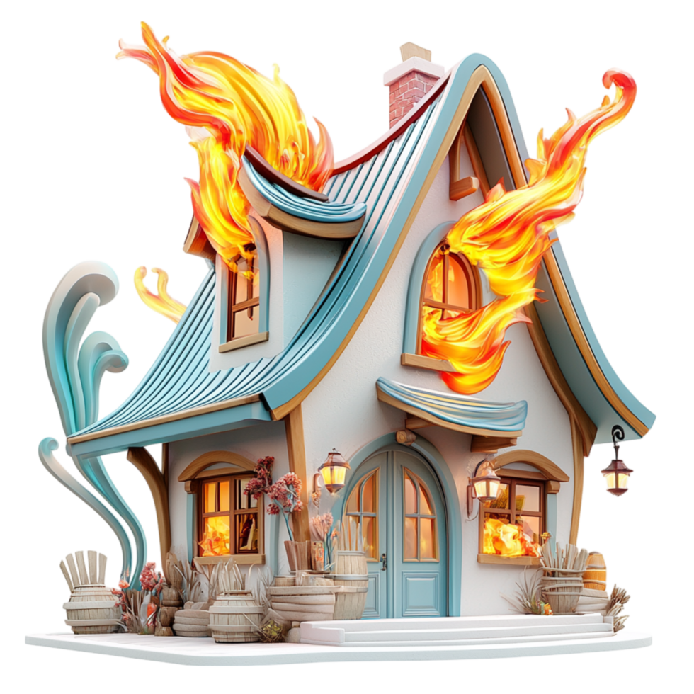 Whimsical fairytale house engulfed in animated flames png