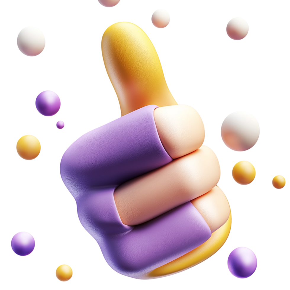 3D thumbsup emoji surrounded by floating bubbles png