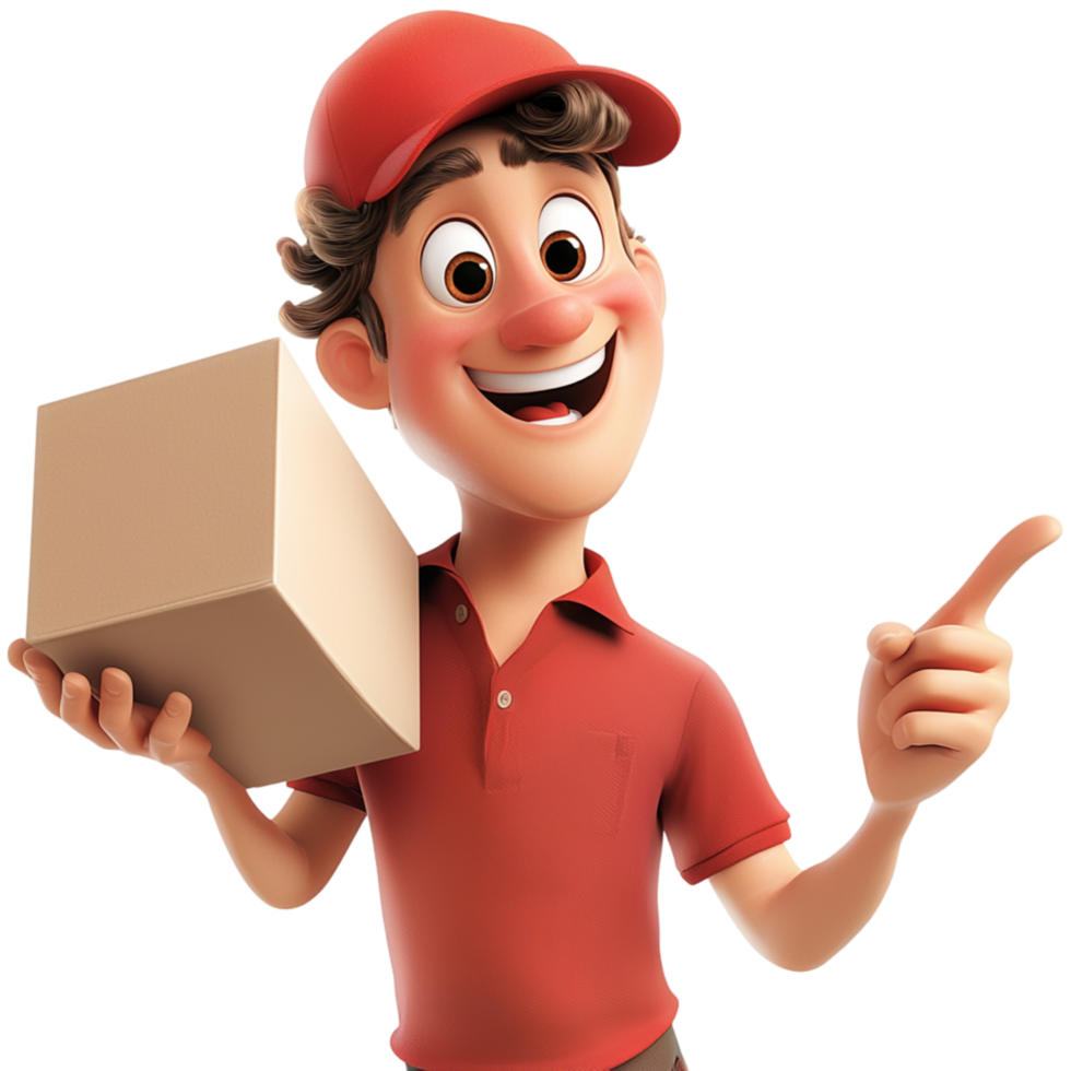 Happy delivery man holding a package pointing forward png
