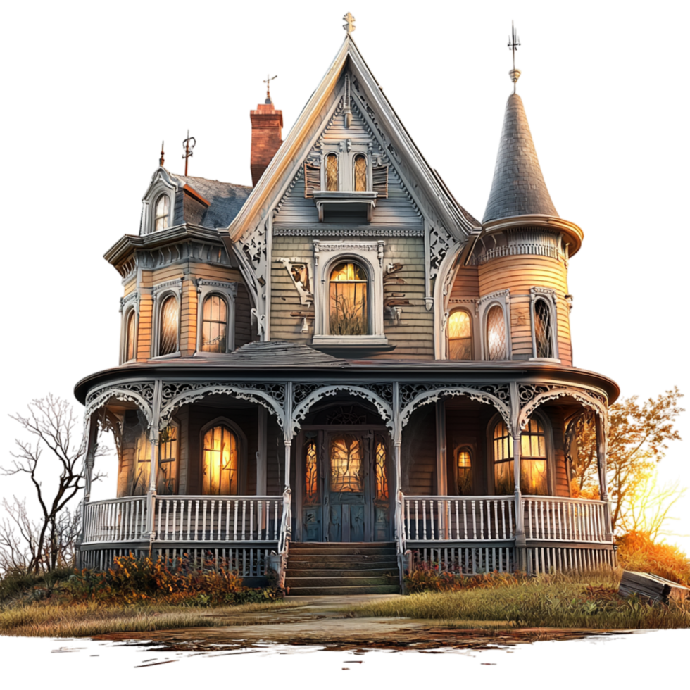Spooky Victorian mansion glowing windows at dusk png