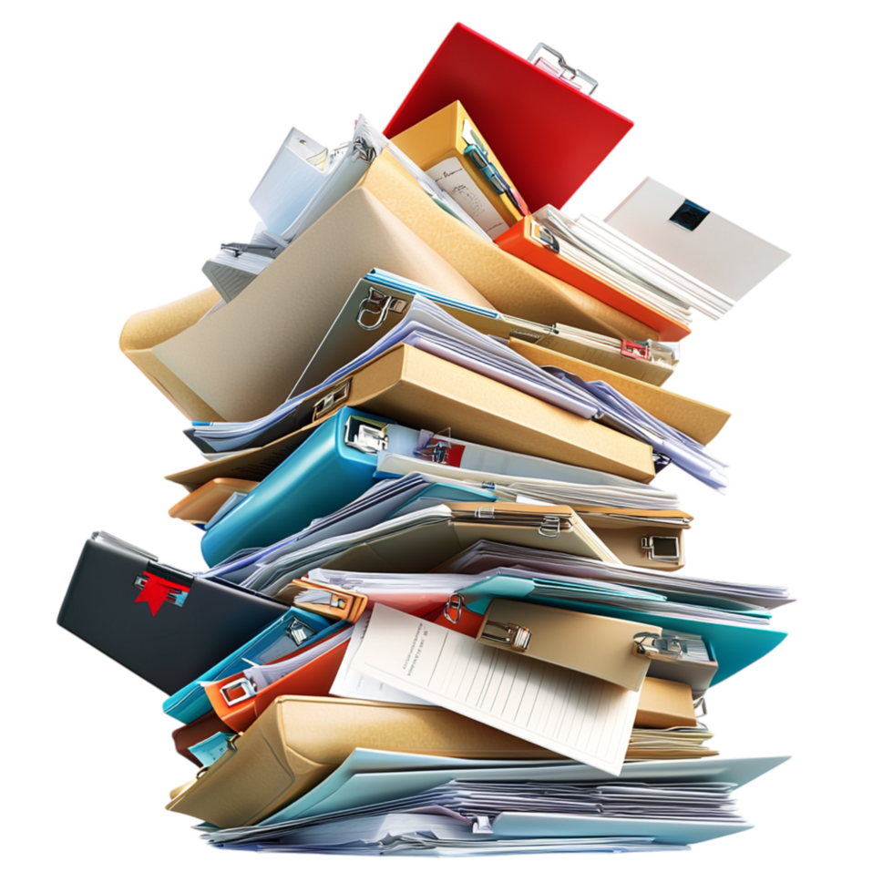 Tall stack of messy office files documents png
