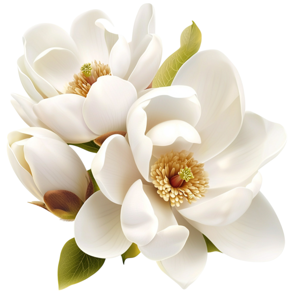 Elegant white magnolia flowers blooming large soft petals png