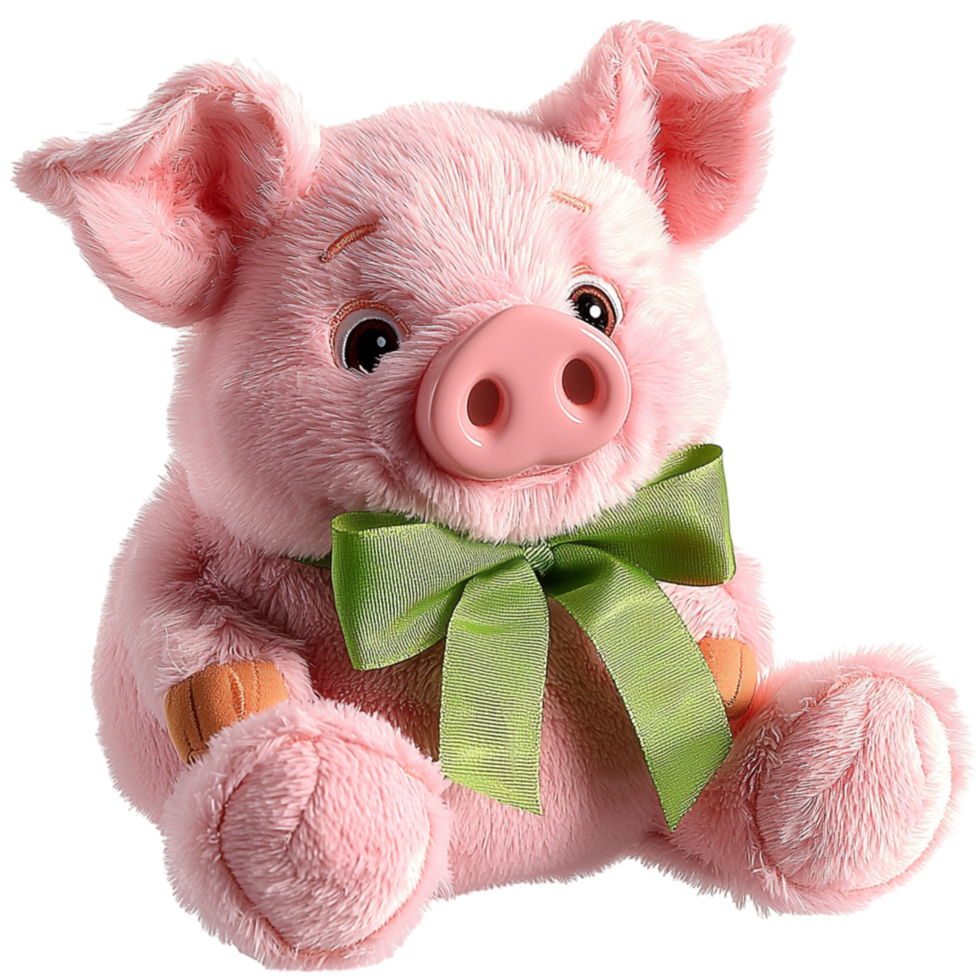 Soft pink plush pig a green bow around its neck png