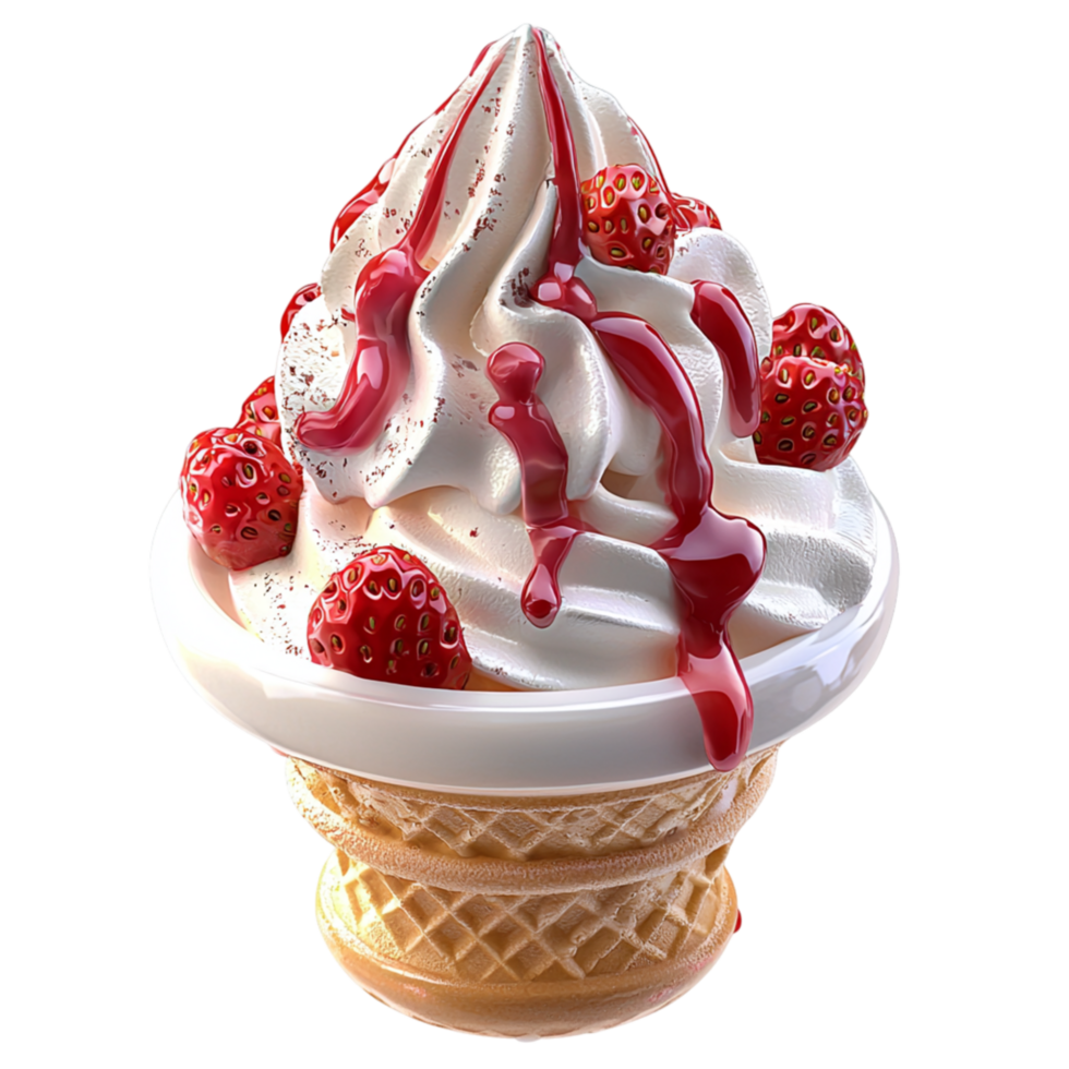 Delicious vanilla ice cream cone drizzled raspberry syrup png