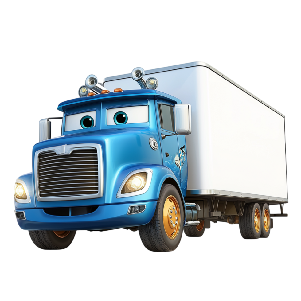 Friendly blue animated truck a smiling face big headlights png
